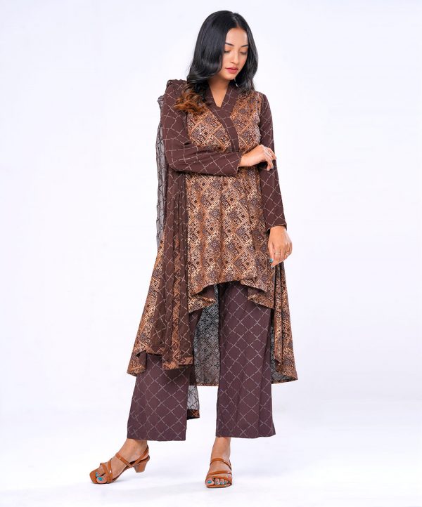 Earthy Brown Georgette and Viscose Salwar Kameez