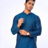 Blue fitted Panjabi in Jacquard Cotton fabric. Matching metal button opening on the chest.