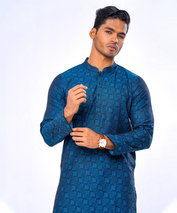 Blue fitted Panjabi in Jacquard Cotton fabric. Matching metal button opening on the chest.