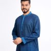 Blue fitted Panjabi in Jacquard Cotton fabric. Designed with a mandarin collar and hidden button placket.