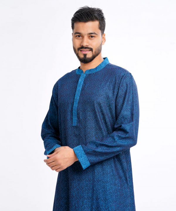 Blue fitted Panjabi in Jacquard Cotton fabric. Designed with a mandarin collar and hidden button placket.