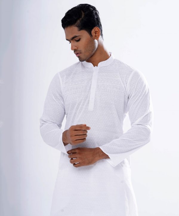 White all-over printed semi-fitted Panjabi in Slab Viscose fabric. Designed with a mandarin collar and hidden button placket.