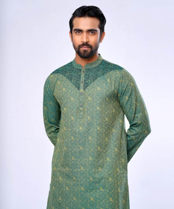 Green Semi Fitted Jacquard Cotton Panjabi