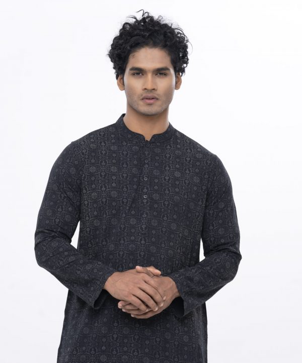 Black all-over printed Panjabi in Slab Viscose fabric. Designed with a mandarin collar and button fastening on the chest.