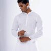 White all-over printed fitted Panjabi in Slab Viscose fabric. Designed with a mandarin collar and hidden button placket.