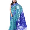 Teal half-silk Saree with matching blue paar and achal. Beautifully designed with all-over thread work.