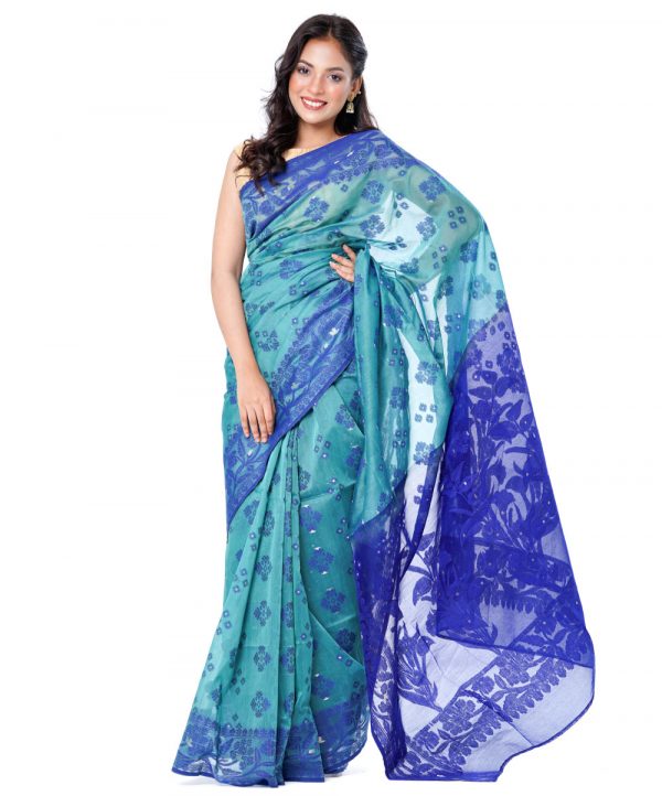 Teal half-silk Saree with matching blue paar and achal. Beautifully designed with all-over thread work.