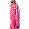 Pink all-over printed exclusive Saree in Muslin fabric with a blue border. Embellished with karchupi, on the achal.