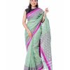 Mint Green all-over print Cotton Saree with Pink border. Embellished with karchupi on the achal