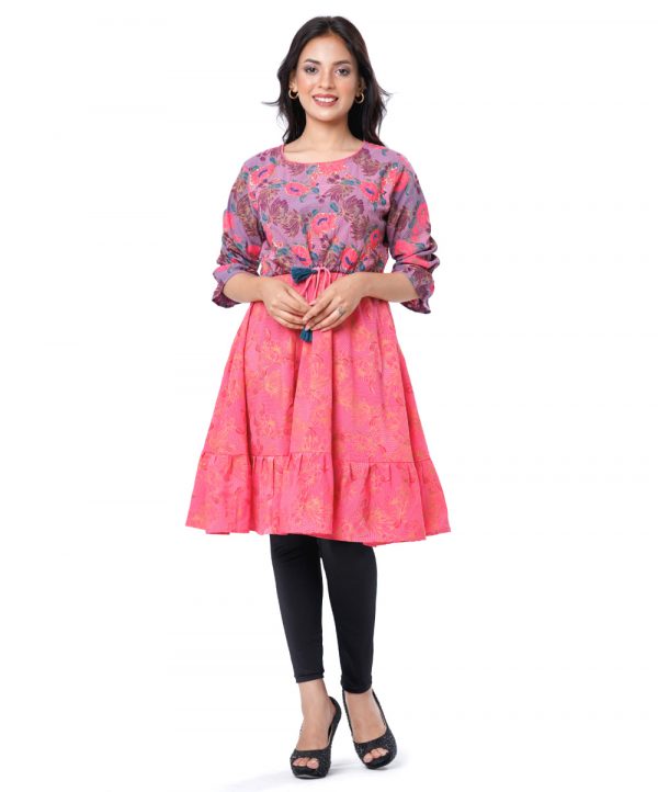 Pink all-over printed patterned A-line Tunic in Georgette fabric. Designed with a round neck and cinched cuff three-quarter sleeves. Embellished with karchupi at the top front. Featuring adjustable tasseled waist cords at the front and spliced gather hemline. Viscose lining in half-body. Single button opening at the back.