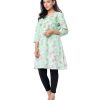 Green all-over printed A-line Tunic in Viscose fabric. Designed with a round neck and three-quarter sleeves. Embellished with embroidery at the front and cuffs. Gathers from the waistline. Single button opening at the back.