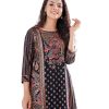 Black all-over printed A-line Kameez in Viscose fabric. Designed with a round neck and three-quarter sleeves. Embellished with karchupi at the top front.