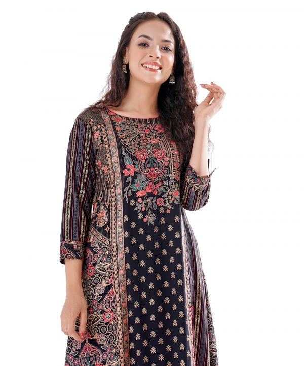 Black all-over printed A-line Kameez in Viscose fabric. Designed with a round neck and three-quarter sleeves. Embellished with karchupi at the top front.