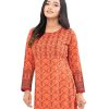 Orange all-over printed straight-cut Kameez in Viscose fabric. Designed with a round neck and long sleeves. Embellished with karchupi at the top front. Single button opening at the back.