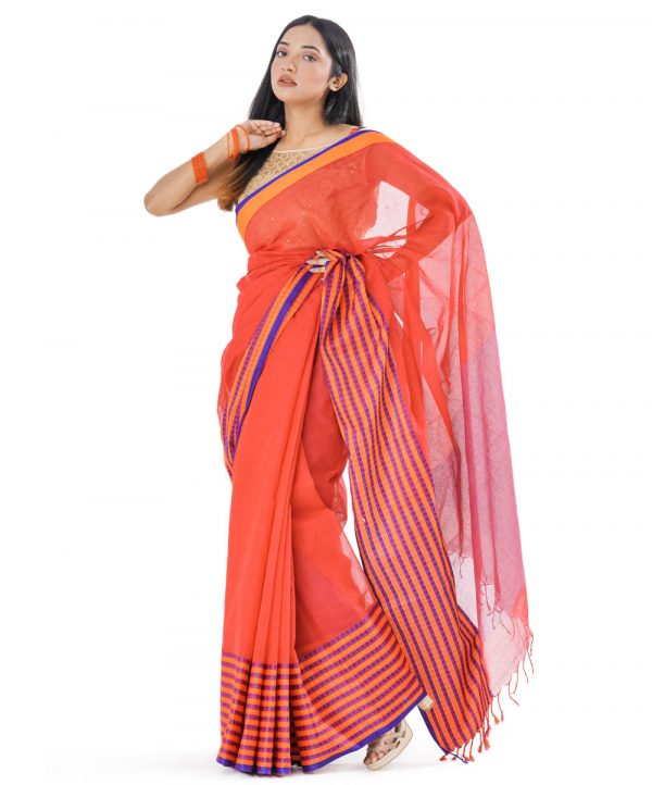 Red Cotton Saree with contrast orange and blue thread woven paar.