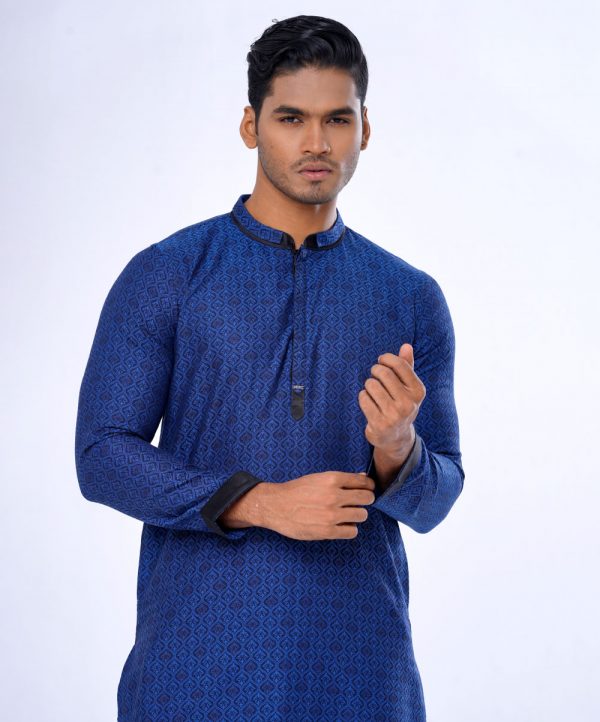 Blue semi-fitted Panjabi in Jacquard Cotton fabric. Designed with a mandarin collar and hidden button placket.