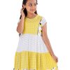 White and Yellow tiered pattern frock in Viscose fabric. Designed with a princess line cut and sew at the top front, cap sleeves and a round neck.