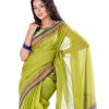 Green Cotton Saree with contrast golden and blue thread woven paar.