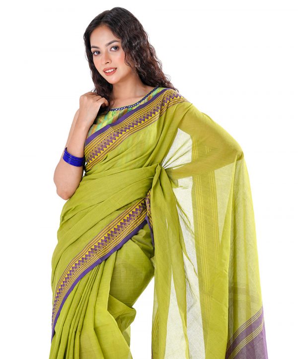 Green Cotton Saree with contrast golden and blue thread woven paar.