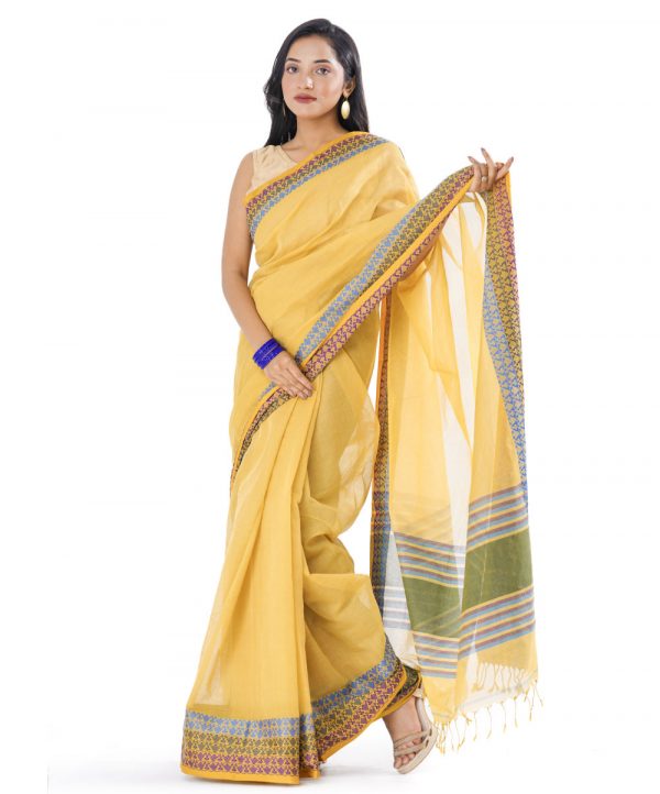 Yellow Cotton Saree with contrast thread woven paar.