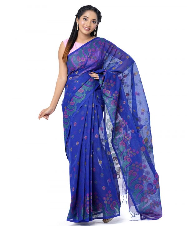 Blue tant Cotton Saree with matching borders. Beautifully designed with all-over multi-color thread work.