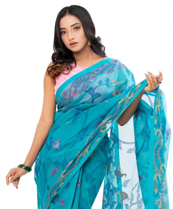 Blue tant Cotton Saree with all-over thread work.