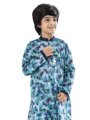 Blue Panjabi in printed Cotton fabric. Designed with a mandarin collar and hidden button placket.