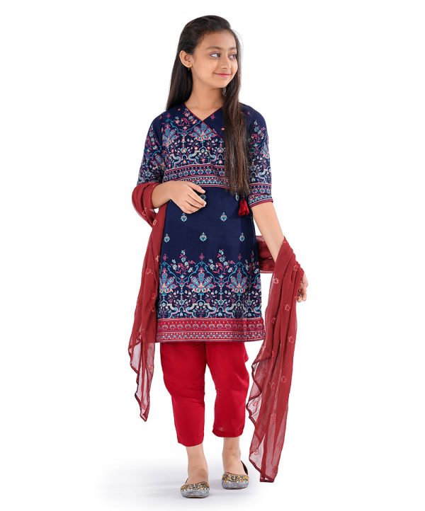 Blue and Maroon all-over printed retro-wrap style salwar kameez in Georgette and Viscose fabric. The Kameez is designed with a V-neck and three-quarter sleeves. Detailed with tie-cord at the front. Embellished with karchupi at the top front. Complemented by Viscose culottes pants and printed chiffon dupatta.