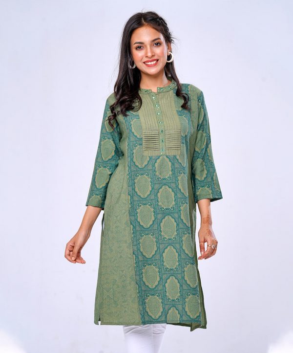 Green all-over printed straight-cut Kameez in Cotton-blend fabric. Features a band collar with hook closure at the front and three-quarter sleeves. Embellished with karchupi on the collar and placket. Detailed with decorative pin tucks at the top front.