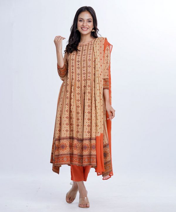 Brown all-over printed Salwar Kameez in Viscose fabric. The Kameez features a round neck and three-quarter sleeves. Designed with pin tucks detailed at the top front and gathers from the waistline. Embellished with karchupi at the top front, cuffs and hemline. Complemented by Viscose culottes pants and printed chiffon dupatta.