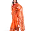 Orange all-over printed exclusive Saree in Muslin fabric with a matching border. Embellished with karchupi, and decorative tassels on the achal.