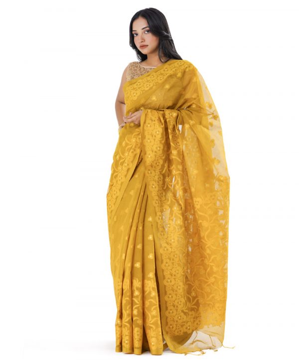 Mustard yellow tant Cotton Saree with matching borders. Designed with all-over thread work.