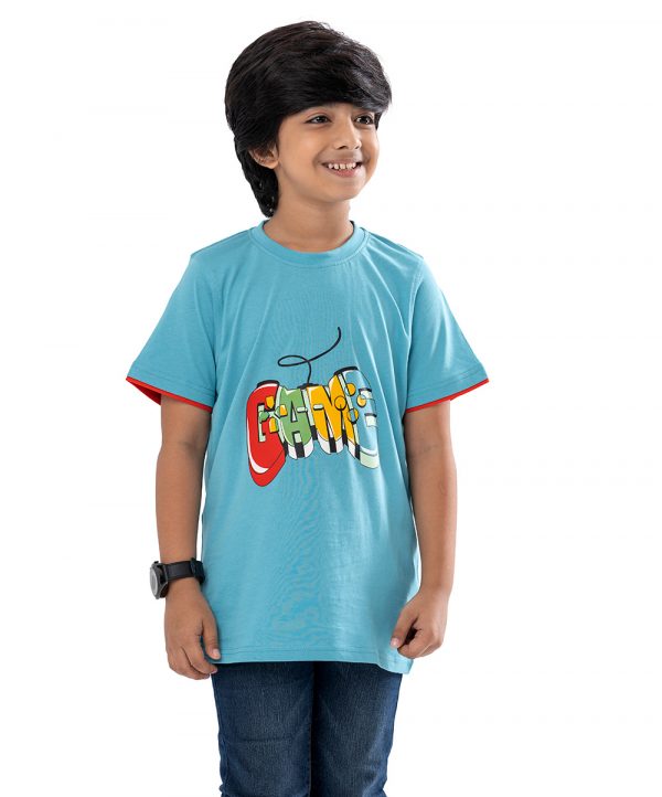 Sky Blue T-Shirt in Cotton single jersey fabric. Designed with a crew neck, short sleeves and print on the chest.