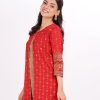 Red and brown shrug style Kameez in textured silk-blend fabric and contrast inner in Silk fabric. Designed with a round neck and three-quarter sleeves. Embellished with karchupi at the front.