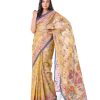 Brown tant Cotton Saree with contrast blue borders. Beautifully designed with all-over multi-color thread work.