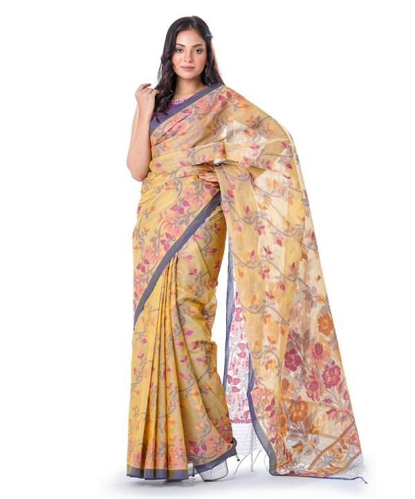 Brown tant Cotton Saree with contrast blue borders. Beautifully designed with all-over multi-color thread work.