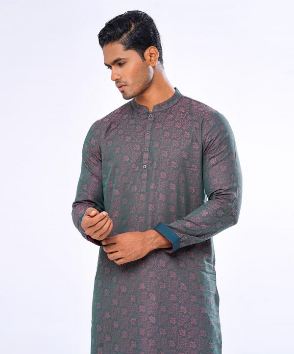 Green semi-fitted Panjabi in Jacquard Cotton fabric. Matching metal button opening on the chest.