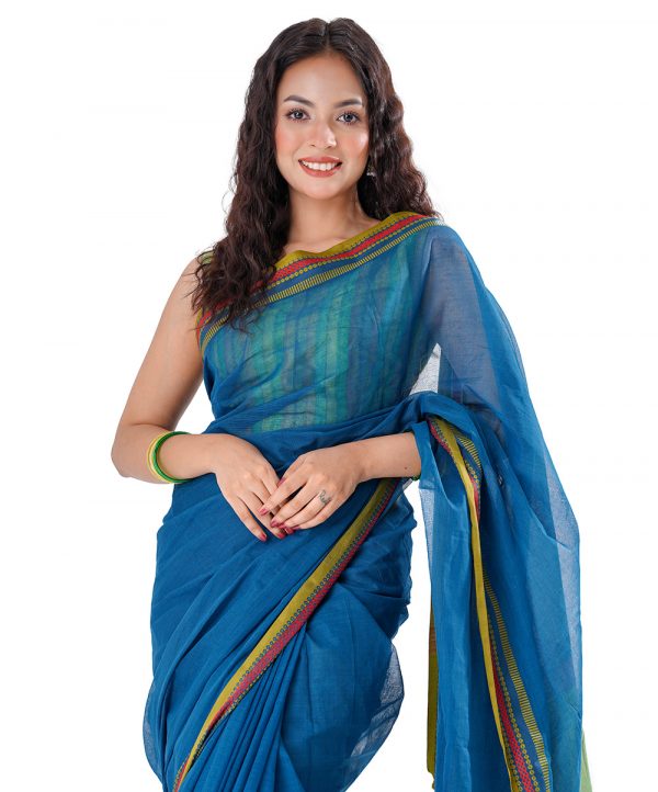 Peacock Blue Cotton Saree with contrast green paar and achal.