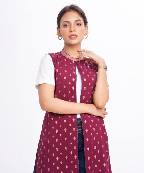 Burgundy all-over printed sleeveless Shrug in Viscose fabric with band neck.