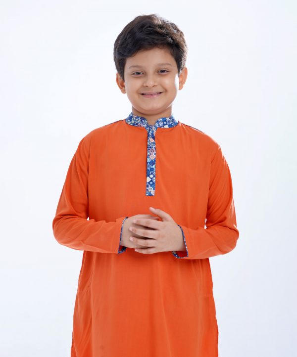 Orange Panjabi in Viscose fabric. Designed with a mandarin collar and hidden button placket.