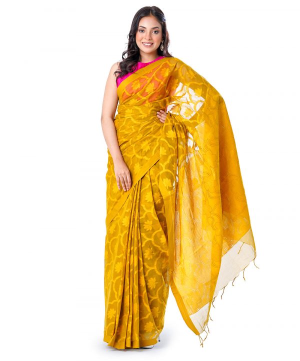 Mustard yellow tant Cotton Saree with matching borders. Designed with all-over thread work.