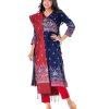 Blue and Red all-over printed retro-wrap style salwar kameez in Georgette and Viscose fabric. The Georgette Kameez is designed with a V-neck and three-quarter sleeves. Tasseled tie-cord closing at the front. Embellished with karchupi at the top front. Complemented by Viscose culottes pants and half-silk dupatta.