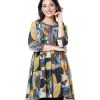 Multi-color A-line Tunic in printed Georgette fabric. Designed with a round neck and three-quarter sleeves. Embellished with printed patch attachment at the top front and cuffs. Pleats from the waistline.