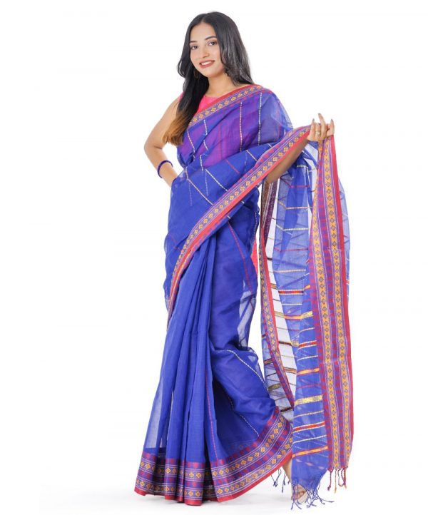 Blue Cotton Saree with matching paar. Designed with all-over thread work.