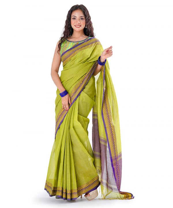 Green Cotton Saree with contrast golden and blue thread woven paar.