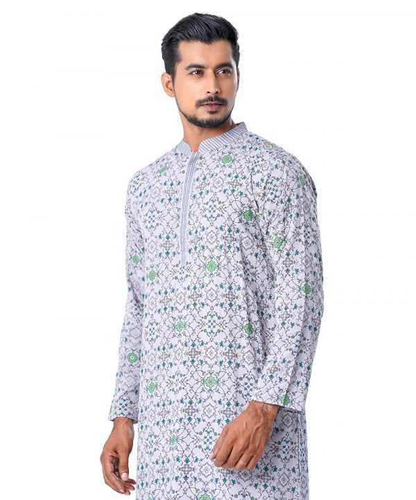 Gray all-over printed semi-fitted Panjabi in Viscose fabric. Designed with swing stitches on the collar and a hidden button placket.