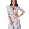 White all-over printed Salwar Kameez suit with a tiered-patterned long gown and printed Kameez as a layer. Designed with a tie-cord neckline and jeweled tassels on the slits. Complemented with printed half-silk dupatta and Pajamas.