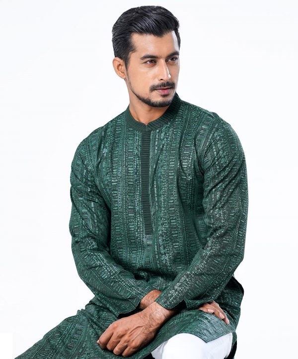 Green all-over printed fitted Panjabi in Slab Viscose fabric. Designed with pin tucks on the collar and a hidden button placket.