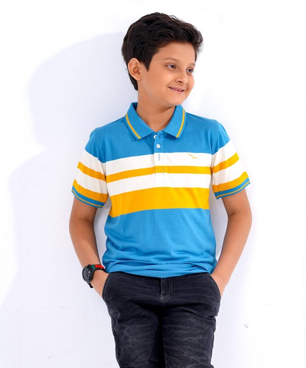 Blue striped Polo Shirt in Mercerized Cotton Single Jersey fabric. Designed with a classic collar and short sleeves