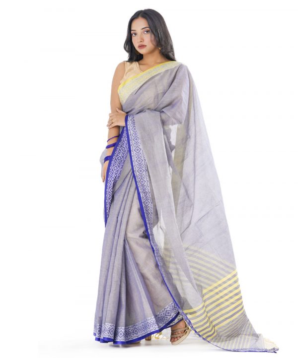 Gray Cotton Saree with contrast thread woven paar.